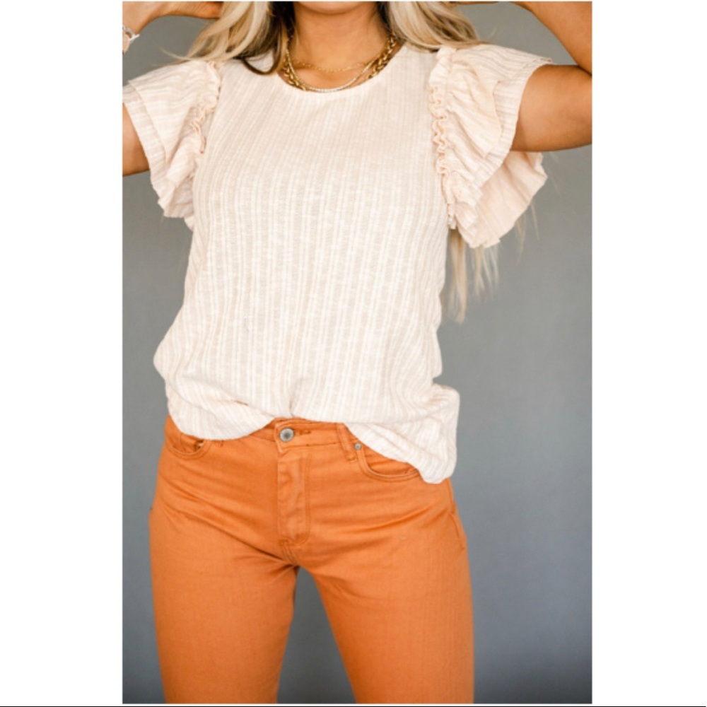 Women’s Beige Ruffled Rib Short Sleeve Top